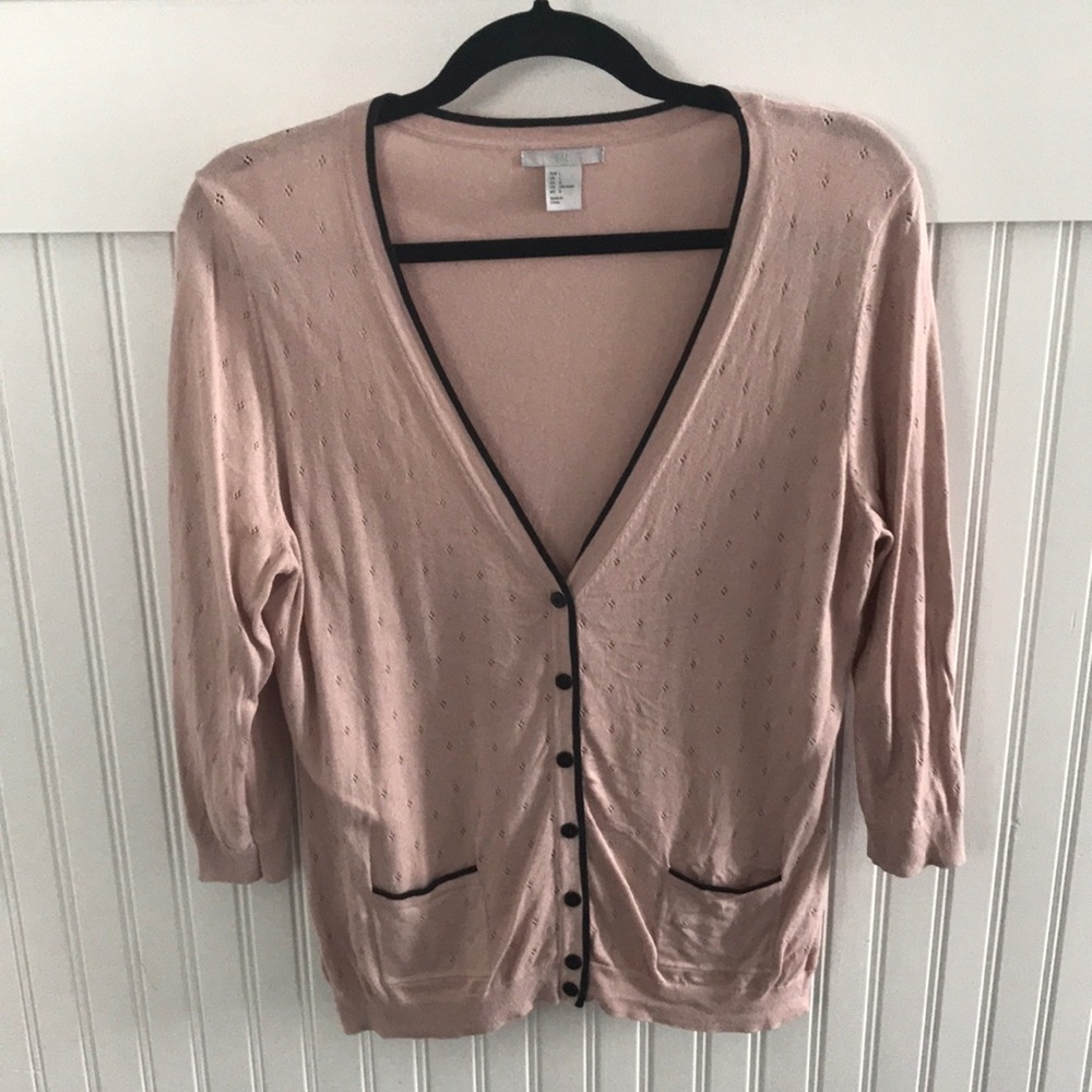 Dusty rose and black trim 3/4 length sweater.